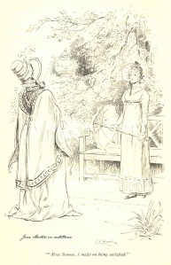 "Señorita Bennet, insisto en que me conteste", ilustración en tinta negra de Charles E. Brock para la edición de 1895 de Pride and Prejudice de Macmillan.